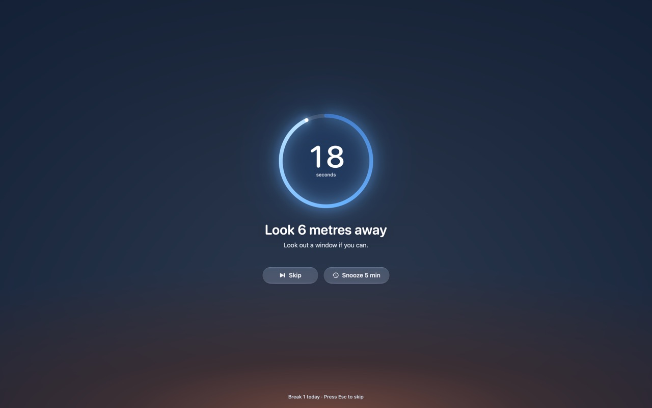 An Unstare break: a glowing ring counting down 18 seconds, the words Look 6 metres away, and Skip and Snooze 5 min buttons on a dusk-blue screen.