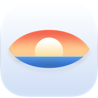 The Unstare icon: a sunset inside an eye shape on a light glass tile.