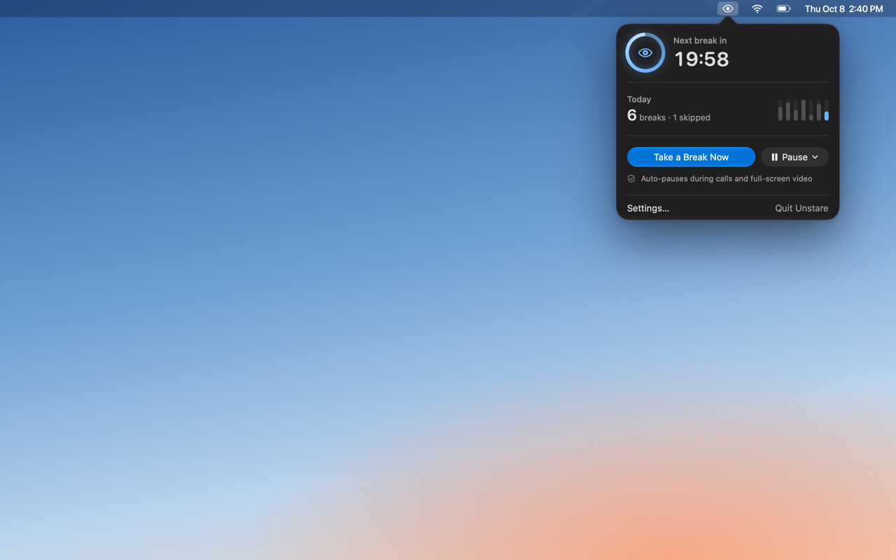 Unstare’s menu under the eye in the menu bar: next break in 19:58, 6 breaks today with 1 skipped, a seven-day chart, and Take a Break Now and Pause buttons.