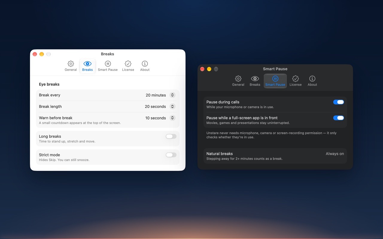 Unstare settings in light and dark: the Breaks tab with break length and strict mode, and the Smart Pause tab with pause during calls and full-screen apps.
